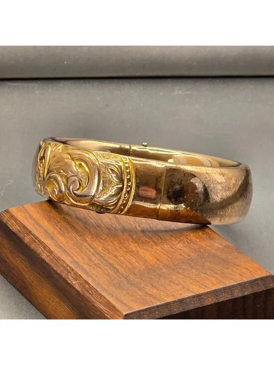 Victorian Gold Filled Scrolled Hinged Bangle Bracelet 7" Heavyweight Signed 37g - Picture 7 of 16
